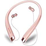 Bluetooth Headphones Retractable, LSCHARM Sport Wireless Stereo Neckband Headset Retractable Earbuds Noise Cancelling with Mic (Rose Gold)