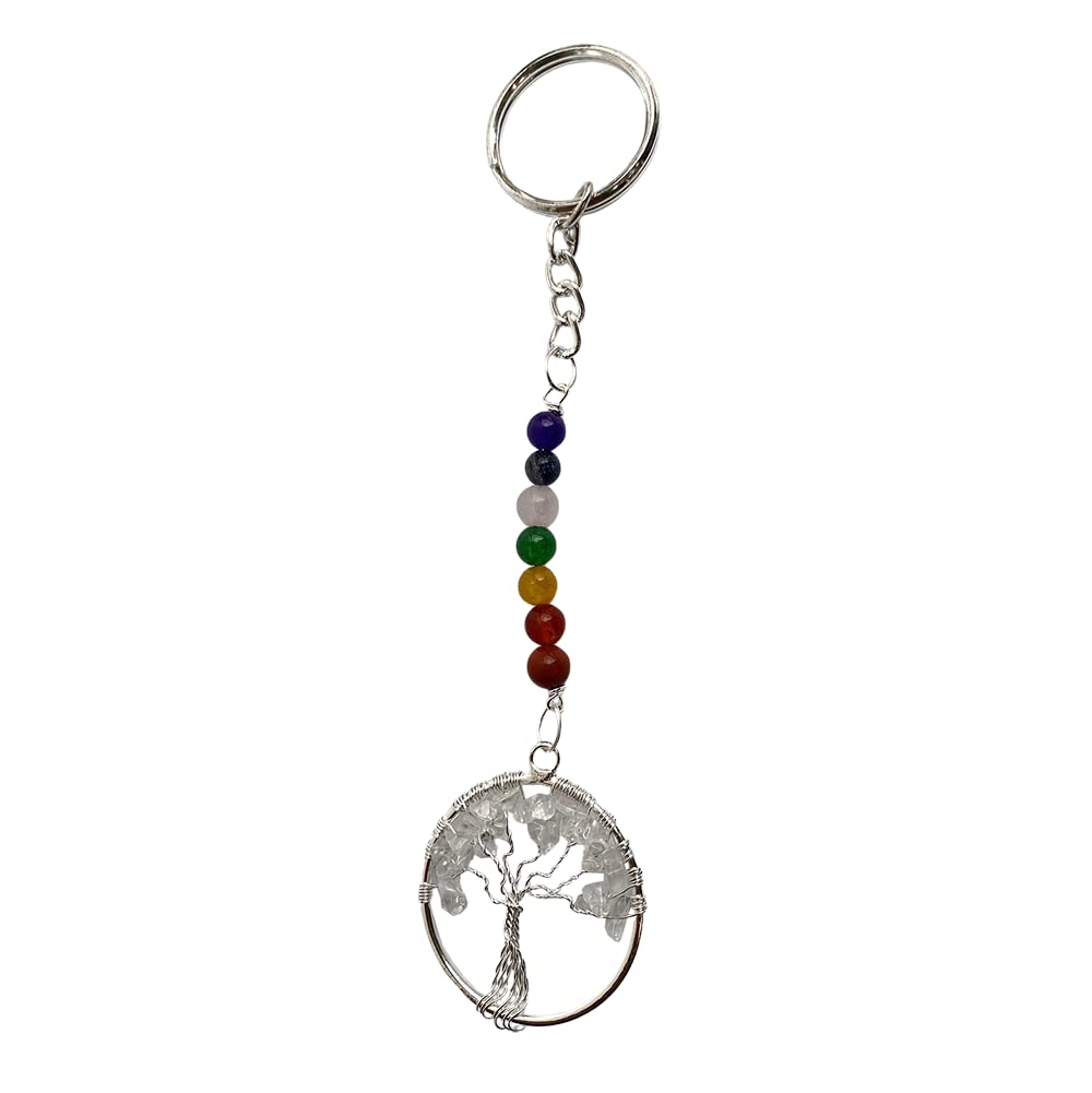 7 Chakra Tree of Life Keychain, 15x3cm, Clear Quartz
