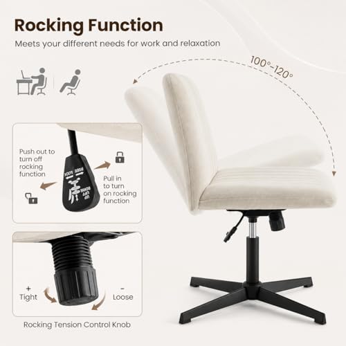 Cross Legged Armless Office Chair, Wide Seat Swivel Desk Chair with Adjustable Height, Rocking Function, Padded Beige Vanity Chair for Home Office, Bedroom, Study Room