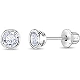 925 Sterling Silver 4mm Bezel Cubic Zirconia Toddler Girls Safety Screw Back Earrings - Locking Back Stud Earrings for Babies to Children - Lightweight and Hypoallergenic Safe for Kids