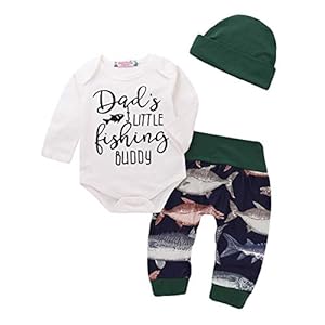 Babykleding, jongens, 3-delige set, lange mouwen, body en broek, schattig, bedrukt met letters en vissen