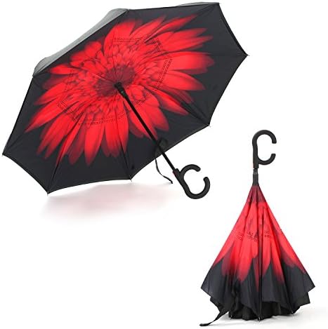 GOODLOGO Double Layer with C-shape Handle Reverse & Double Layer Windproof Canopy Fast Auto Open for Rain Sun Wind Protection (Red daisy)