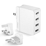PISEN 4-Port USB Travel Wall Charger 20W 5V/4A International Travel Adapter with US UK EU Plug for Apple iPhone, iPad, Samsung Galaxy, LG, HTC, Moto, Kindle and More