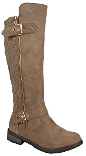 Mango23 Taupe Faux Suede Dual Gold Decorative Zipper/Buckle Quilted Motorcycle Riding Knee High Boots-6.5