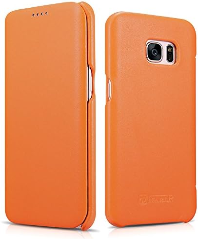 Galaxy S7 Edge Genuine Leather Case, Luxury Series Premium Cowhide Leather Handmade Slim [Side open] Flip Folio Protective Case Cover for Samsung Galaxy S7 Edge (Luxury Orange)