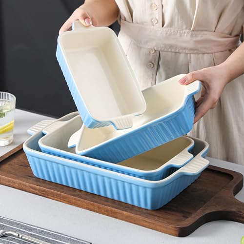 MALACASA Casserole Dishes for Oven, Porcelain Baking Dishes, Ceramic Bakeware Sets of 4, Rectangular Lasagna Pans Deep with Handles for Baking Cake Kitchen, Blue (9.4"/11.1"/12.2"/14.7"), Series