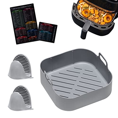 Air Fryer Silicone Liners, 6.5 QT Food Safe Square Air Fryer Basket pot, Replacement for Parchment Paper Liners, Heat Resistant Non-stick Kitchen Silicone Bowl/Tray with Heat-proof Gloves & Timer