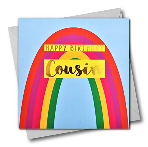 Claire Giles Greeting Cards, Happy Birthday Cousin Card, Rainbow Design Greeting Card, Text Foiled in Shiny Gold