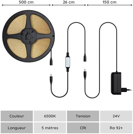 Ruban LED COB, Bande LED 5m Blanc Froid, Bandeau LED Cuisine Decoration Chambre TV, Strip Light 24V, Lumiere Dimmable, Interieur, 480LED/m, 6500K. Comprend Télécommande et Alimentation