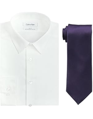 Calvin Klein Men's Slim Fit Herringbone Dress Shirt and Silver Spun Tie Combo, White/Plum, 16