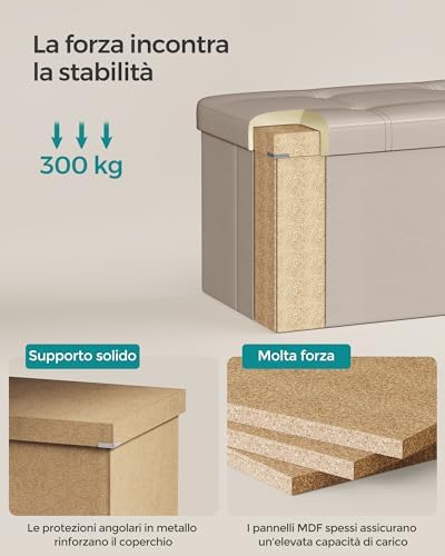 Cassapanca, Pouf Contenitore, Poggiapiedi Pieghevole da 38 x 110 x 38 cm, Ottomano, Regge fino a 300 kg, per Soggiorno, Camera da Letto, Entrata, Marrone Cammello LSF070K03