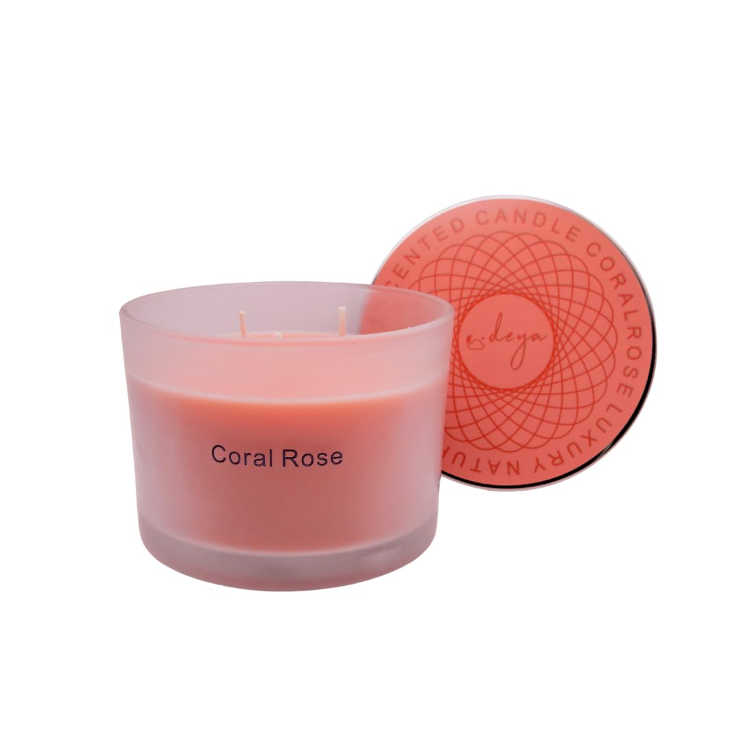 Deya Luxury Soy Candle | Large 3 Wick Jar Candle | 350g Wax Up to 45 Hours Burning Time | 100% Natural Soy Wax | Relaxing Aromatherapy | Best Gift for Women and Men (Coral Rose)