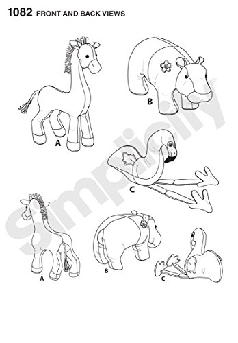 SIMPLICITY 1082 Stuffed Hippo, Giraffe & Flamingo Sewing Template, Size OS (One Size)