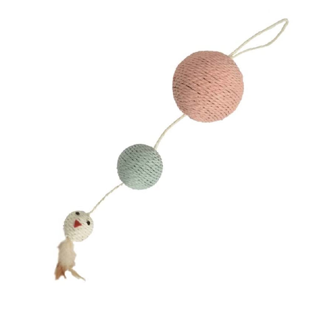 Bobby Plume - Scratching Post Cat toys in recycled rope, with balls and feathers, to hang, Pink, 55x12 CM