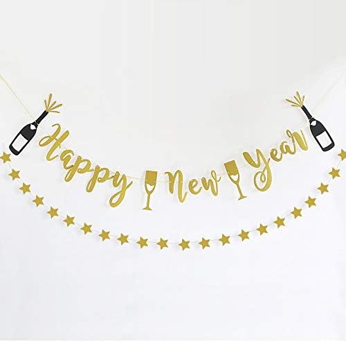 zeman Gillter Gold Happy New Year Banner and Circle Dots Garlands for 2019 New Years Eve NYE Party Decorations Cheers Yall Holiday Christmas Party