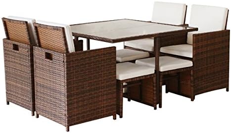 OHYIKA 9pc Patio Sectional Furniture PE Wicker Rattan Gadern Dinning Set (BROWN)
