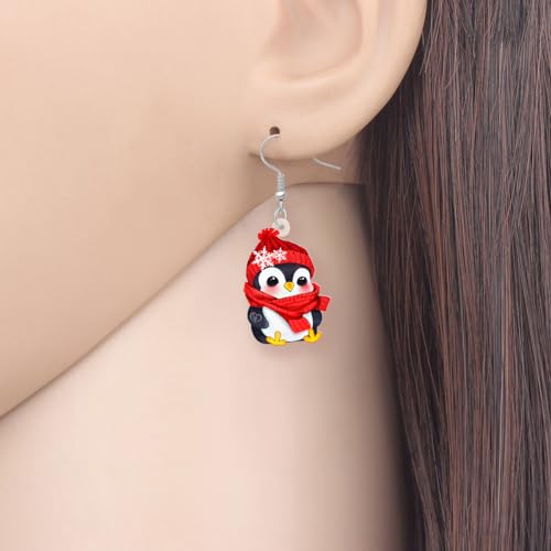 LONYOO Christmas Earrings Penguin for Women Girl Gifts Pendant Jewelry Santa Hat Red Scarf Decorations