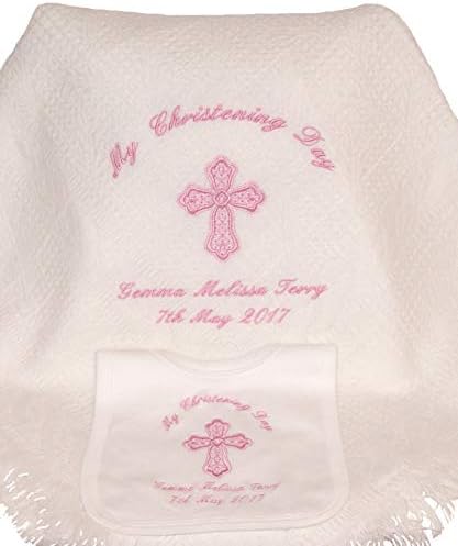 Baby’s Personalised Christening/Baptism/ Naming Day Guardian Cross Shawl & Bib Set (Pink)