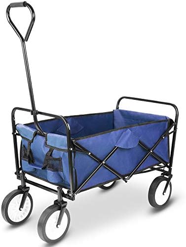 FIXKIT Collapsible Outdoor Utility Wagon, Folding Sturdy Garden Shopping Cart for Beach with All-Terrain Wheels, Navy Blue