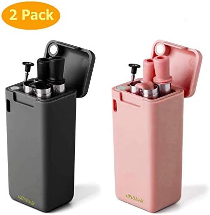 2-Pack Collapsible Reusable Straw, Stainless Steel Foldable Drinking Straws, Food-Grade Silicone Portable Straw with Hard Case, Cleaning Brush for Travel, Outdoor, Household, etc.(Black&Pink)