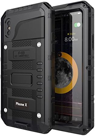 iPhone X Case, Waterproof Heavy Duty Rugged Armor Case Shockproof Scratch-proof Dustproof Outdoor with Built-in Screen Military Grade Protective Heavy Duty Metal Cover Black