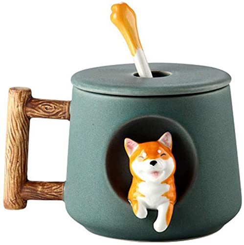 3D Cute Dog Coffee Mug Ceramic Tea Cups with Lid & Spoon Cartoon Shiba Inu Cup Embedded Animal Outside Morning Mug Hot Drinks Juice Water Cup Birthday Gift for Women Men Home Lovers Milk Cups 420ML