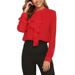 BEYOVE Elegante zakelijke chiffon blouse voor dames, opstaande kraag, met ruches, lange mouwen, knopen, feestelijke top