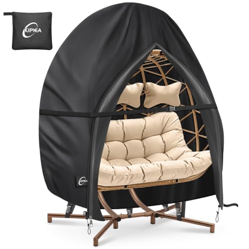 Kipiea Patio Egg Chair Covers Waterproof, Upgraded 500D Outdoor Hanging Egg Chair Covers with Waterproof Zipper, Double Seat Swing Egg Chair Cover, Windproof, Anti-UV, No Tears (Up to 80" W x 91" H)