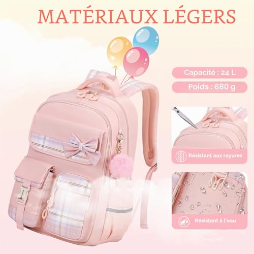 Tanou Girls Primary School Bag, Waterproof Daypack School Backpack for Teens, Kawaii Checked School Bag for Girls 9-16 Years Old for Travel