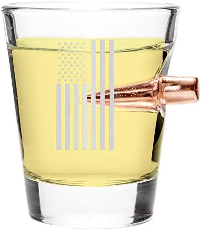 308 CALIBER SHOT GLASS | Bullet Embedded Copper 1.5oz Borosilicate Glass Jigger (DRAPED USA FLAG) from LUCKY SHOT