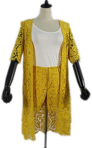 Weing Lace Suit Women Short Sets 3 Piece Set Women Cardigan+Camisoles+Shorts Suits Yellow L