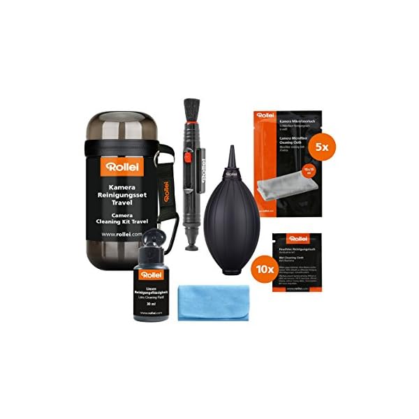 Rollei Kamera Reinigungsset Travel - Set zur Linsen-, und Objektivreinigung, inkl. Lenspen, Airblower und Mikrofaser-Tuch - Ideal für Unterwegs/Reisen - schwarz