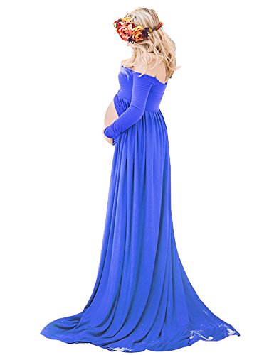 Saslax Maternity Chiffon Gown Split Front Maxi Photography Dress for Photo Shoot,Blue(cotton),X-Large
