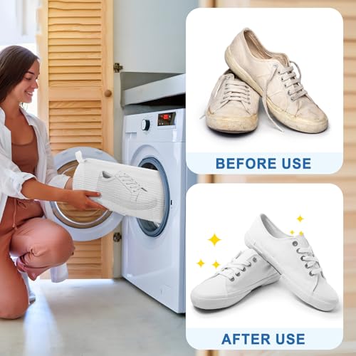 Teletrogy 2 Pieces Shoe Washing Bag in Washing Machine, Shoe Washing Bags with Side Zip, Reusable Without Distortion Large Capacity Washing Machine Bag, White