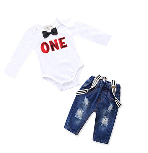 Toddler Baby Boy Clothes Set Bowtie Romper Suspenders Ripped Denim Pants Outfits (White2, 90/Fit 12-18 Months)