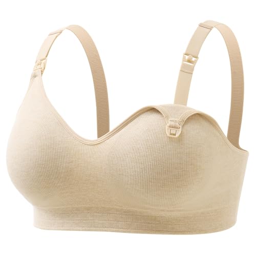 momcozy Breastfeeding Bra, Soft Cotton USA Seamless Nursing Bra, Fixed Padding, No Underwire, for Pregnancy
