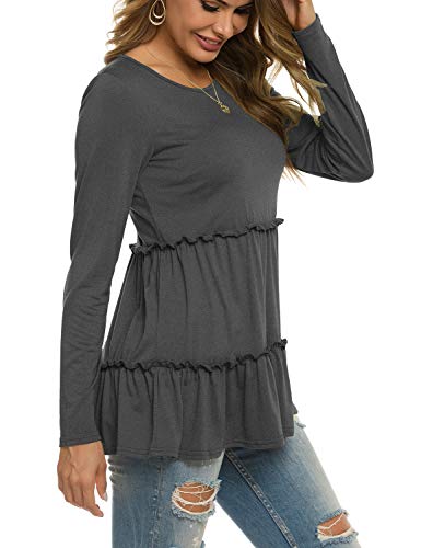 Womens Ruffle Tunic Loose Long Sleeve T-Shirt Lightweight Fall Clothes Dark Grey S