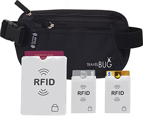 RFID MONEY BELT: Wallet, Pouch, Bumbag, Fanny Pack - With Built In RFID Protection Providing Safe Travel and Security Against Identity Theft. Includes 3 BONUS RFID Sleeves.