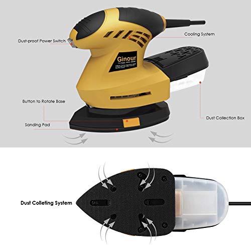 Ginour Detail Sander, 1.6A Sander with 10Pcs Sandpapers, 360° Rotating Sanding Pad, 12000OPM, 3M Cord, Dust Container, Perfect for Tight Spaces Sanding - Thumbnail 3