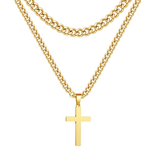 Zocomi Layered Stainless Steel Cross Necklace for Men Boys, Cuban Link Chain Cross Pendant, Religious Jewelry Gifts