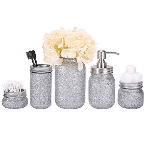 Quotidian Glitter Mason Jar Bathroom Set 5 Piece with Soap Dispenser,Flower Vase, Toothbrush Holder for Wedding House Decor Countertop and Vanity Organizer Bathroom Accessory Sets (Silver)