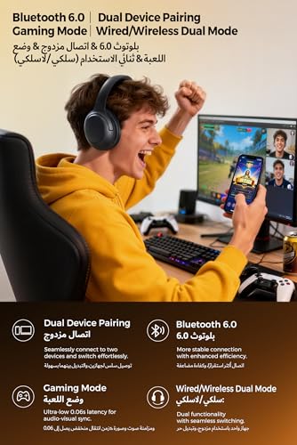 SOUNDPEATS Cove Pro Adaptive Hybrid Active Noise Cancelling Foldable Over-Ear Headphones, LDAC Hi-Res Audio Wired/Wireless Certified, 7MIC AI Clear Calls, Bluetooth 6.0 Bluetooth Earphones, 95H, APP