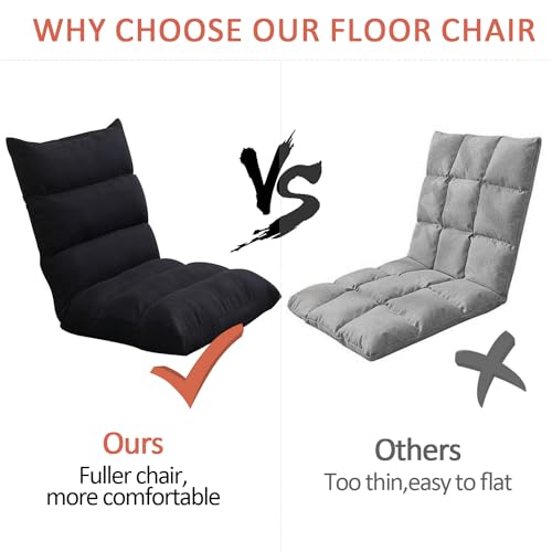 Gluckluz Floor Chair Foldable Lounger Chair Folding Lazy Sofa Gaming Chair Adjustable High Back Couch Recliner for Patio Deck Indoor Outdoor Bedroom Living Room Office Balcony Teens Adults Sleep Black