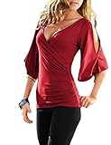 Annflat Women's V Neck Cold Shoulder Trumpet Sleeve Wrap Top T-shirts
