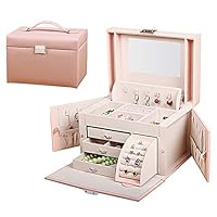 YAPISHI Jewelry Box for Women Girls Large Jewelry Storage Box with Mirror and Lock, Bedside Dresser-top Organizer Case for Earrings Necklace Rings Watch Makeup (Pink)