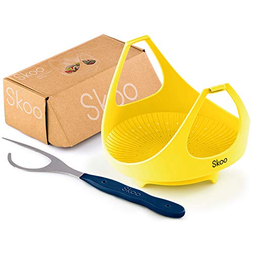 Skoo Silicone Vegetable Steamer Basket + Fork + Free eBook - Food Steamer Set - For Veggie Plate and Healthy Diet - Stove Top, Microwave and Instant Pot Compatible