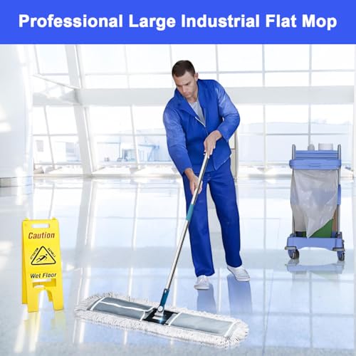 Industrial Flat Mop, 90cm Wide Flat Mop Large Commercial Thread Mops with 2 Washable Cotton Pads Stainless Steel Handle Wet Dry Dust Floor Cleaning Tool for Home Office Hotel Factory Floor Cleaner
