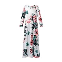 aibeiboutique Girls Summer Floral Printed Casual Holiday Beach Long Sleeve Maxi Dress with Pockets (9-10 Years, White)