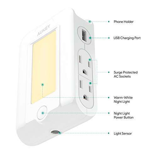 AUKEY USB Outlet with Night Light Plug in, 300 Joules Surge Protection Wall Outlet with 2 USB Charging Ports for Bedroom, Hallway, Bathroom and More - Thumbnail 3