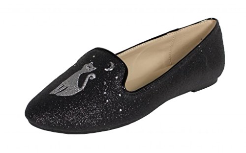 Paprika Women's Moon Front Cat Design with Star and Moon Studding Slip on Flats, black glitter, 10 M US